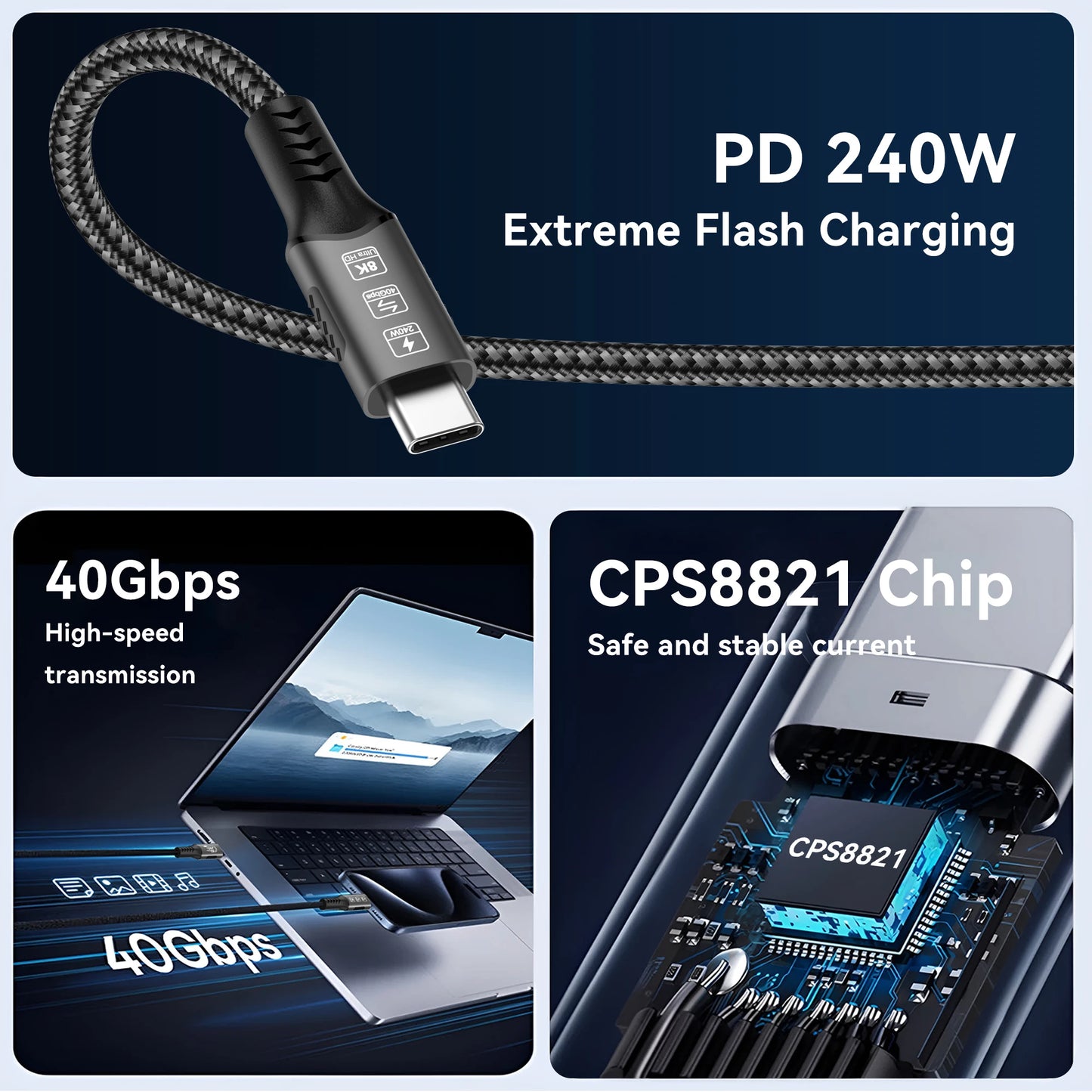 Cable USB4 40Gbps 48V 240W Thunderbolt 4 Type C to C