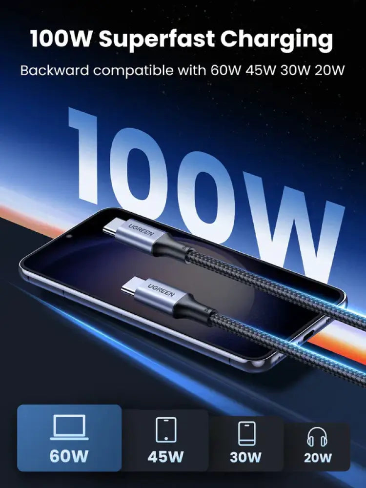 Câble de Charge Ultra-Rapide UGREEN 100W USB-C vers USB-C (Tressé)