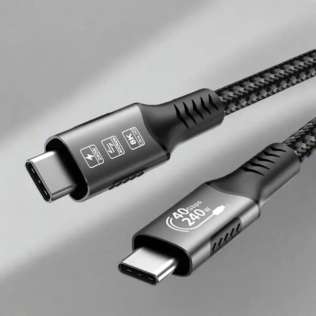 Câble USB-C vers USB-C tressé noir avec connecteurs métalliques dotés de spécifications de transfert 40 Gbps et de charge 240 W.