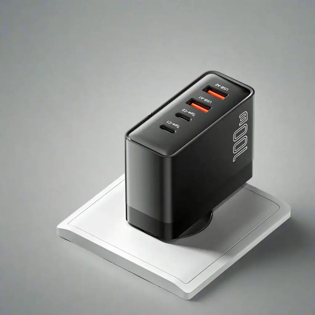 Chargeur mural rectangulaire noir avec plusieurs ports, incluant des connecteurs USB-A et USB-C.